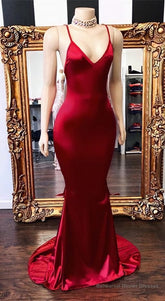 2025 New Arrival Red Mermaid V Neck Backless Elastic Satin Prom Dresses